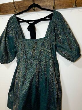 Free People Green Paisley Jacquard Puff Sleeve Mini Dress
